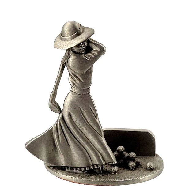 VINTAGE VICTORIAN WOMAN GOLFER Fort Pewter Co Figurine Business Card